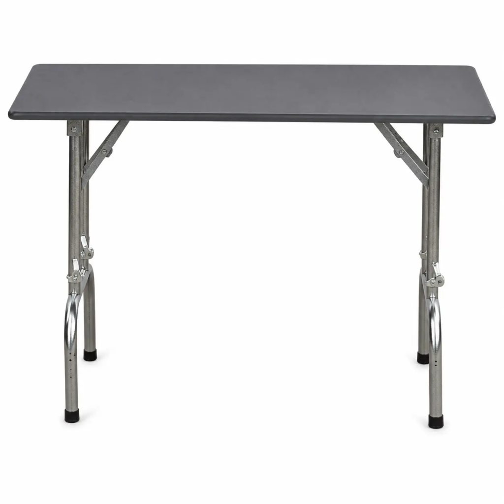 Folding grooming table with grey plastic top and adjustable metal legs