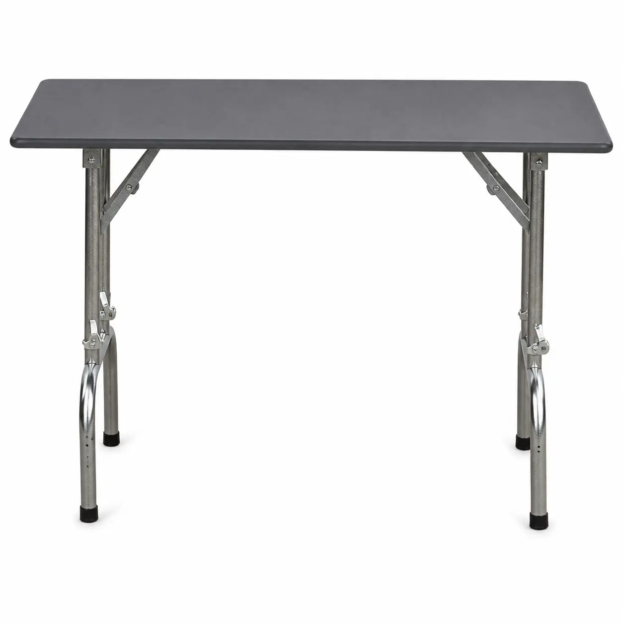 Folding grooming table with grey plastic top and adjustable metal legs